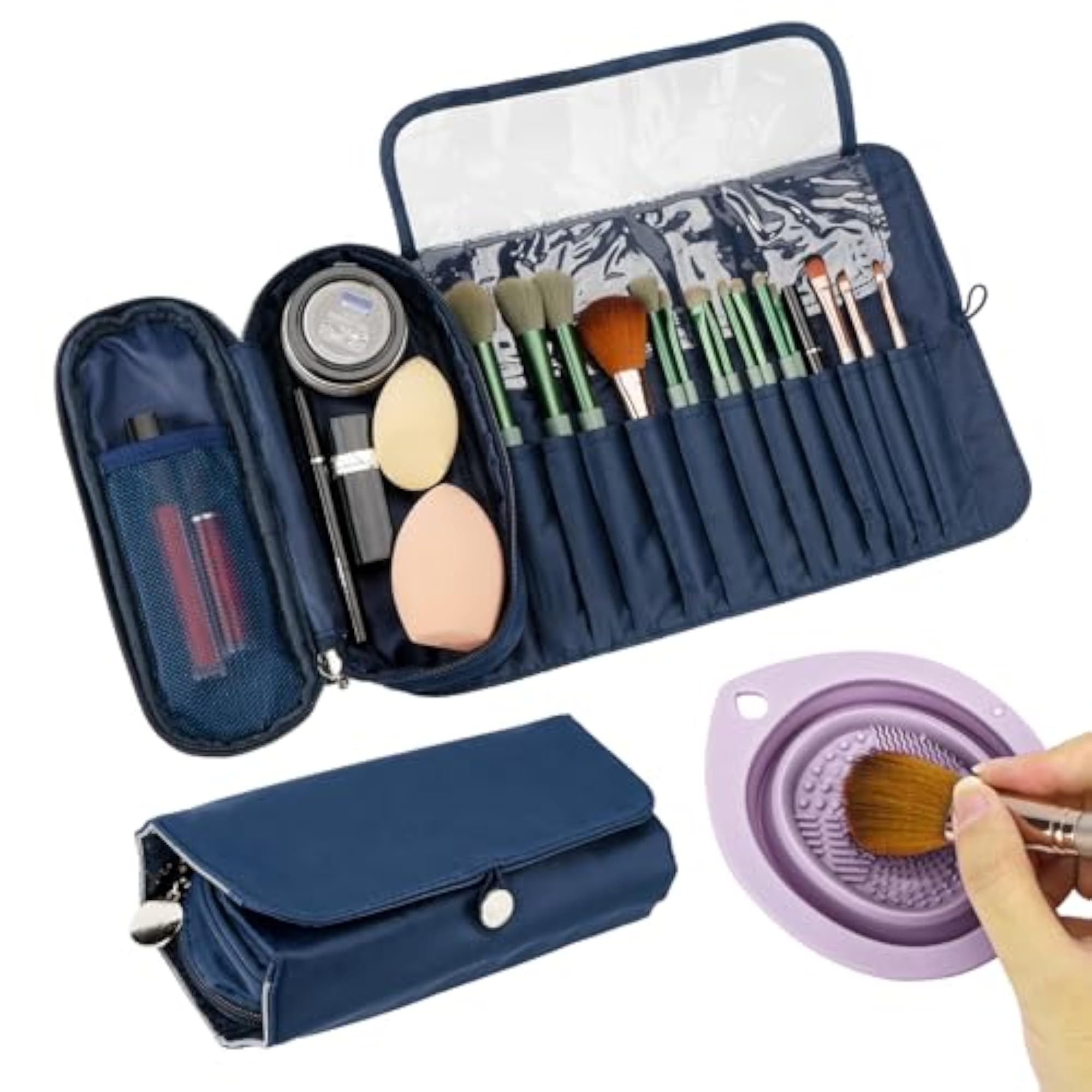 Portable Folding Makeup Brush Bag with Silicone Cleaning Bowl