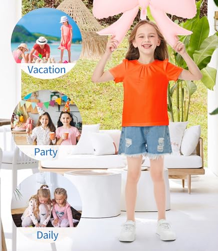 Image of Girls Casual Solid Crewneck Top Short Sleeve Soft T-Shirt with Crisscross Back Design Orange 9-10