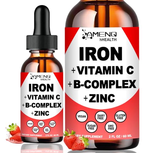 AMENQ liquid iron 2 Fl Oz bottle showing the strawberry-flavored stomach-friendly formula — the runner-up in this set