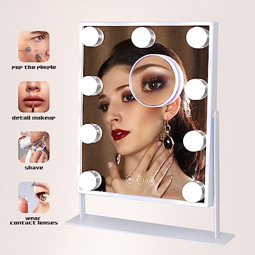 COOLJEEN Lighted Makeup Mirror with 9 LED Bulbs and 10X Magnification, Hollywood Style with 3 Color Options, 360° Rotation