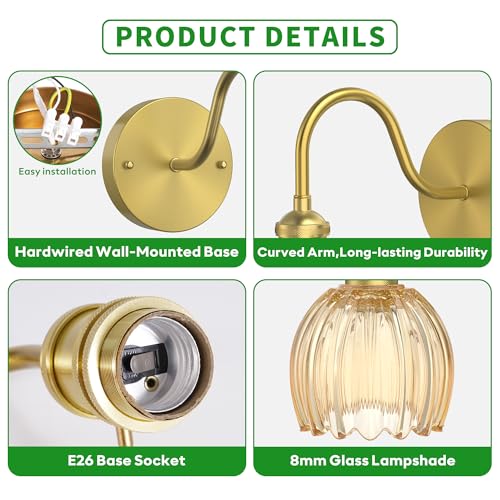Image of Wall Sconces Lights Lamp for Bedroom Bathroom, Modern Vanity Light Fixtures, Wall Mount Lighting Vintage Tulip Amber Glass Shade for Living Room Mirror Hallway Kitchen