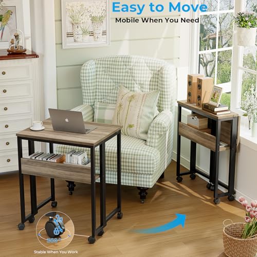 Image of GreenForest Folding Desk with Wheels, 24.8 Inch Compact Rolling Computer Table with Storage Shelf, Portable Mobile Workstation for Small Spaces, Easy Assembly,Grey Wash
