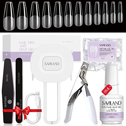 SAVILAND Gel Nail Kit - Starter Gel Nail Kit With Upgraded Nail Lamp Nail Extension Set 500 Pcs Long Coffin Nail Tips and 0.5oz Super Strong Nail Glue Gels Acrylic Nail Kit Easy Nail Art Home Salon