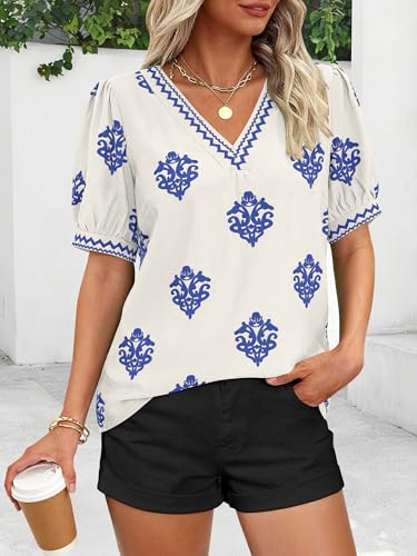 BTFBM Casual Summer T Shirts Going Out Tops for Women Beach Vacation Clothes Short Sleeve Blouses V Neck Boho Tunicss(Apricot Blue Flower,X-Large) — view 2