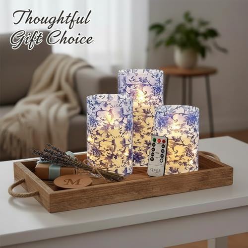 Image of Floral Flameless LED Pillar Candles with String Lights, 3pcs Blue and White Battery Operated Flickering Candles with Timer Remote,Chinese Porcelain Style Candle for Wedding Mother's Day Home Decor