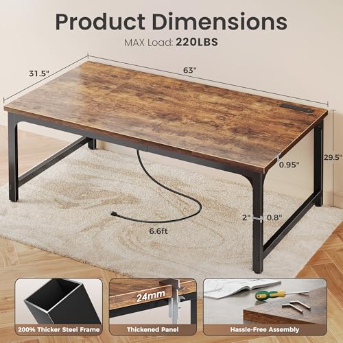 Image of Huuger 63 x 31.5 inch Desk with Power Outlets & USB-C, 0.95 Inch Thicker Desktop, Robust Metal Tubes, Deep Computer Desk, Heavy Duty Office Desk, for Home Office, Rustic Brown