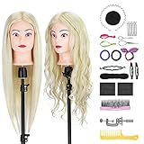 Frisierkopf,Neverland Übungskopf 71cm 60% Echthaar,Frisieren Trainingsköpfe für Friseure Ausbildung Kopf Mit Halter + DIY Haare Set(Gebleichtes Blondes)