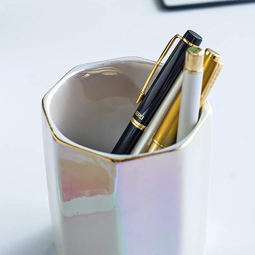 Miniatura 4 de Portalápices de cerámica para escritorio, lindo portalápices, olla, organizador de escritorio, soporte para brochas de maquillaje (morado)