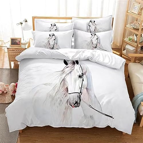 CXYXHW Parure de lit avec Housse de Couette Cheval 3 pièces Impression 3D Animaux Motif Cheval Microfibre avec taie d'oreiller pour Adolescents Enfants (G,...