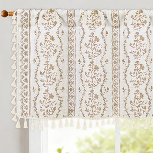 Image of Yinhua Boho Valance Curtains Vintage Linen Kitchen Valances for Windows Light Filtering Bohemian Floral Valance Rod Pocket Tassel Window Valances for Bathroom Cafe, 52 inch W X 18 inch L, White Beige