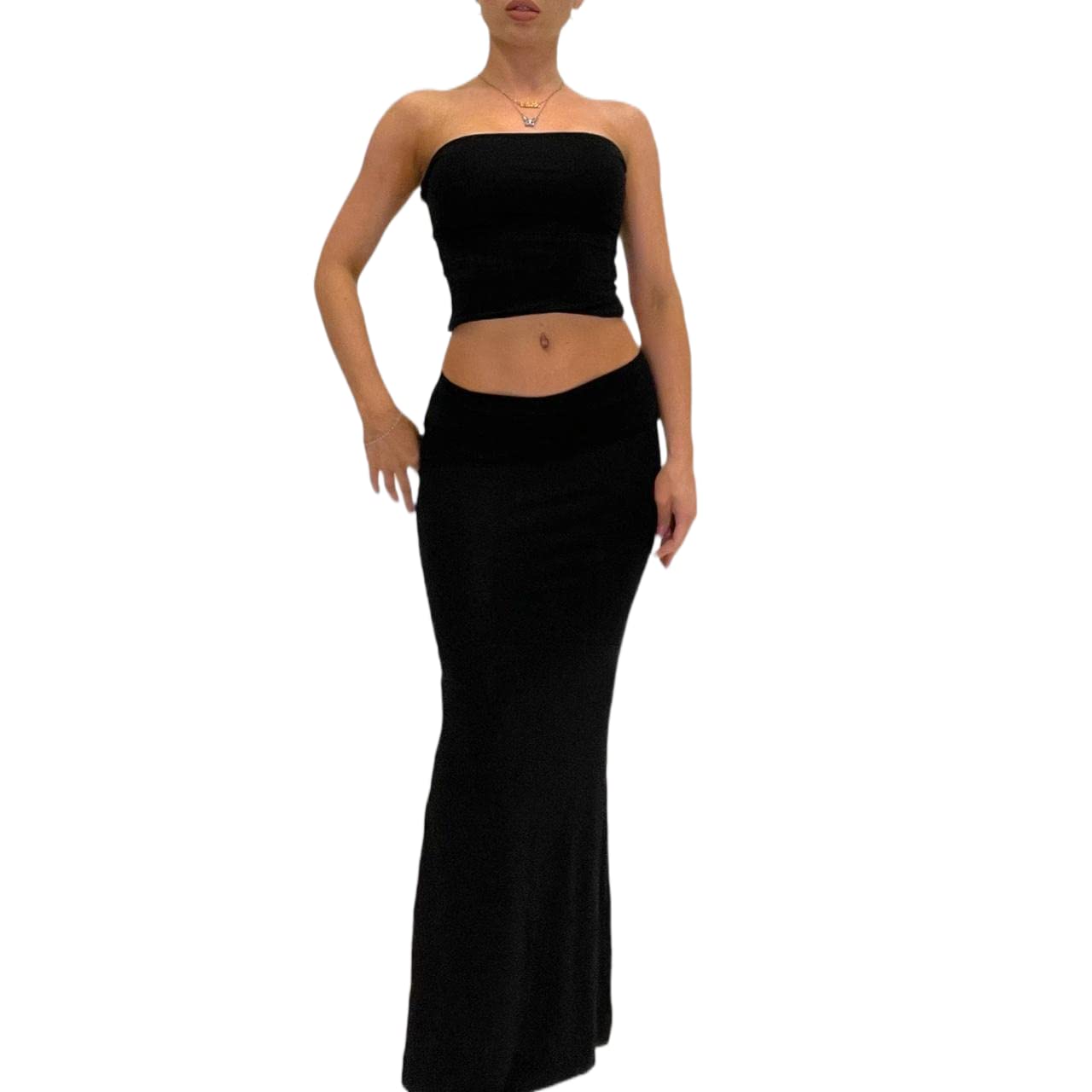 NUFIWI Women Crochet Knit 2 Piece Outfits Set Short Sleeve Shirt Crop Top High Waist Bodycon Midi Skirts
