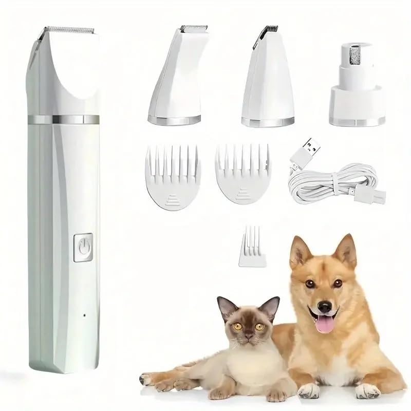 Dog Clippers Grooming Kit Hair Clipper-Low Noise Paw Trimmer- Rechargeable - Cordless Electric Quiet Nail Grinder Shaver for Cats and Other Pets (White)