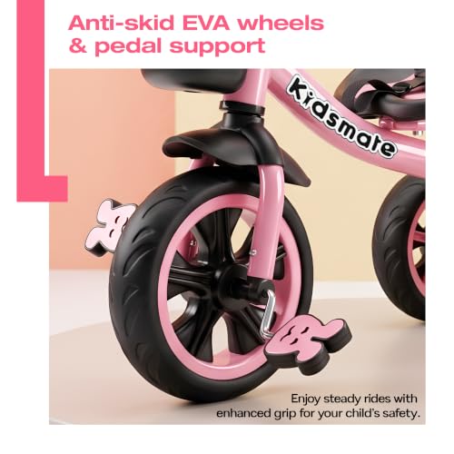 Image of Kidsmate Zoom Trike Cycle for Kids 2-5 Years | Tricycle for Kids | Tricycle for Boys & Girls | Baby Cycle with Anti-Skid EVA Wheels, Bell, Front & Rear Basket, Comfortable Seat | 30kg Capacity - Pink