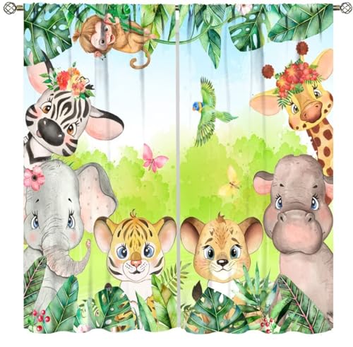 Image of DDCBNS Kids Cartoon Wild Animals Curtains,Cute Woodland Jungle Forest Lion Elephant Window Treatments for Baby Room Boys Bedroom Study Nursery Drapes 2 Panels Set,Total Size 42 x 45 Inch