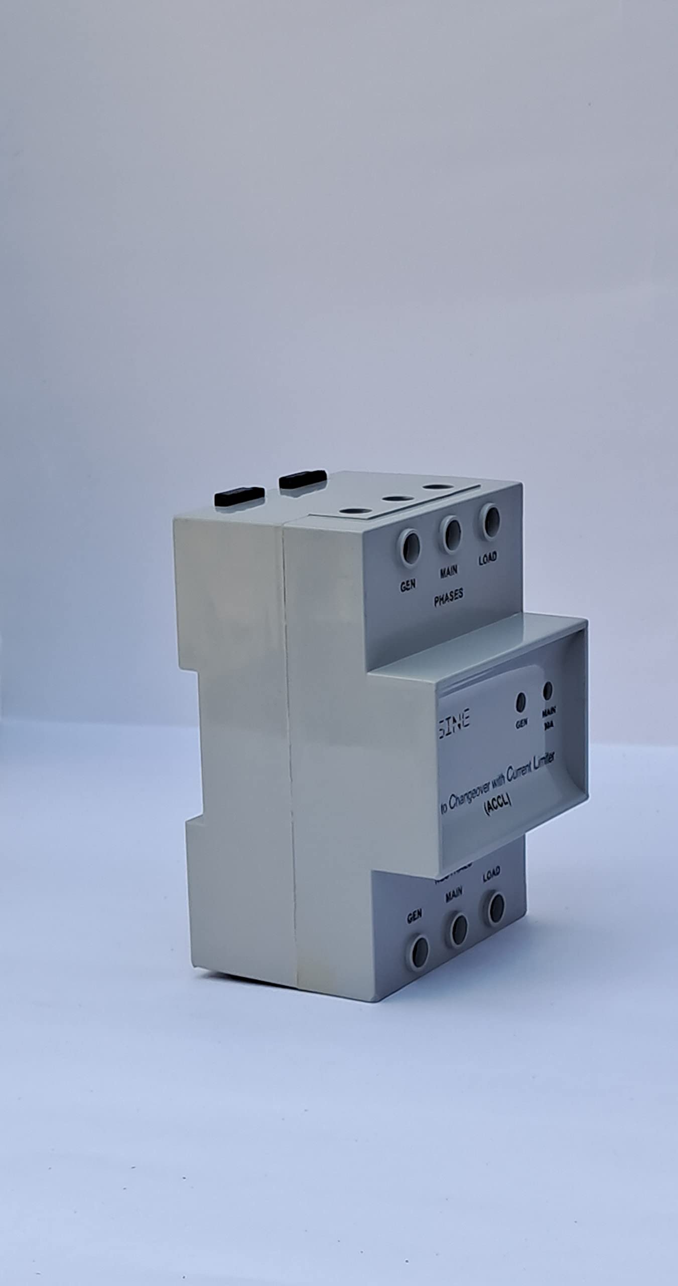 Sine Automatic Changeover with Current Limiter(ACCL) Mains Rating:30A Gen Rating10A Mounting:Din Rail Model:4 Pole Color:Gray. Accl is changeover between two power source.