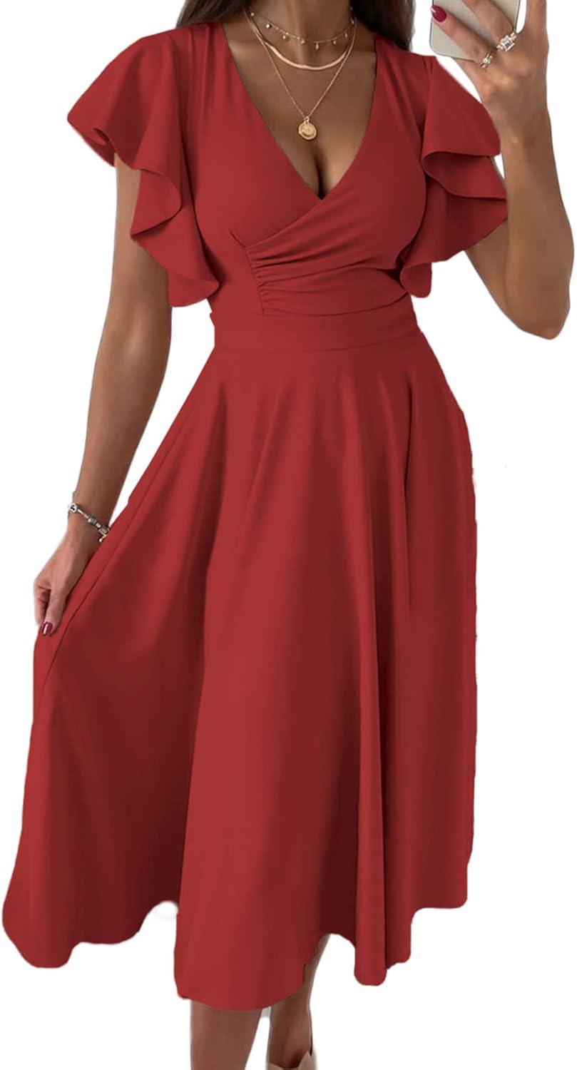 Dokotoo Women's V Neck Elegant Party Dress Short Sleeve Skater Dress Wedding Guest Dresses
