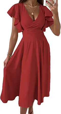 Dokotoo Women's V Neck Elegant Party Dress Short Sleeve Skater Dress Wedding Guest Dresses