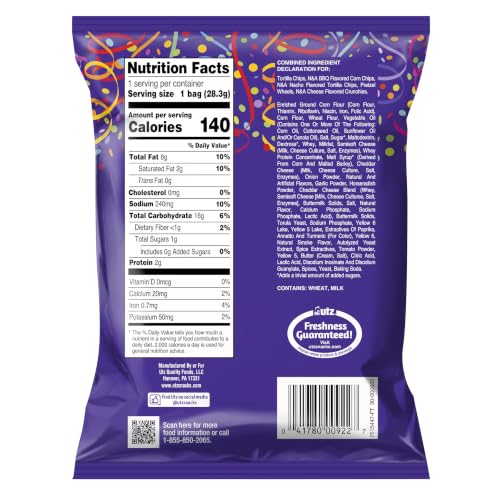 Utz Party Snack Mix, 1 oz Bags (60 Count) | Corn tortilla, nacho tortilla, pretzel, BBQ corn chip and cheese curl blend; individually wrapped for vending, trans-fat-free - image 3