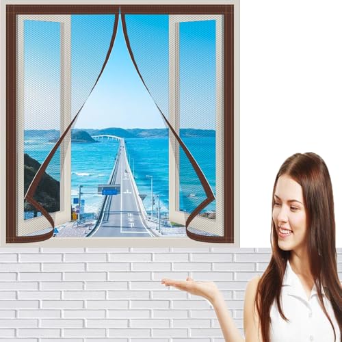 Moustiquaire de Fenêtre 130 x 110 cm Maille Ultra Fine Fibres de Verre Moustiquaire Pas de Perçage Ni de Vissage pour Window and Door, ‎Marron
