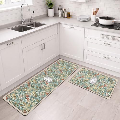 Image of Luxe Home Kitchen Mat Combo Beauty Floral Design Standing Desk Floor Mat Non Slip Kitchen Rugs, Comfort Runner Floor for Home Office, Sink & Laundry - White (116x36 & 58x36 cm PC-2)