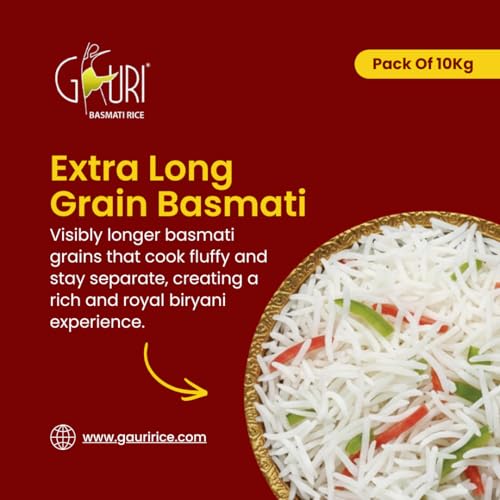 Image of Gauri Premium Basmati Rice | Long Grain & Naturally Aromatic | Aged for Flavour | Ideal for Biryani, Pulao & Daily Meals (10Kg)
