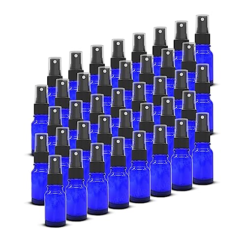 Intelligent Healthcare PACK of 40-10ml BLUE Glass Spray Bottles with BLACK Atomiser Mist Sprays - Cobalt Blue Spray Bottles Refillable, for Liquid/Cosmetics/Essential Oil/Aromatherapy/Perfumes