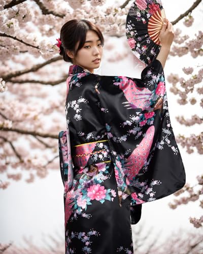 PLULON 5 Pcs Japanese Kimono Robe Geisha Yukata Dress Peacock Blossom Satin Bathrobe with Accessories for Women4