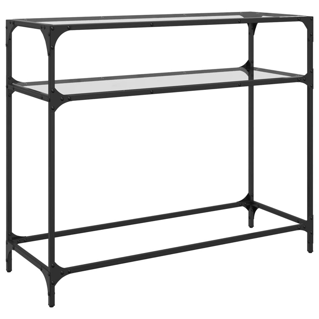 Stolik konsolowy ze szklanym blatem, 98 x 35 x 81 cm, ze stali, wąski, designerski stół ścienny do korytarza, salonu z miejscem do przechowywania i półkami