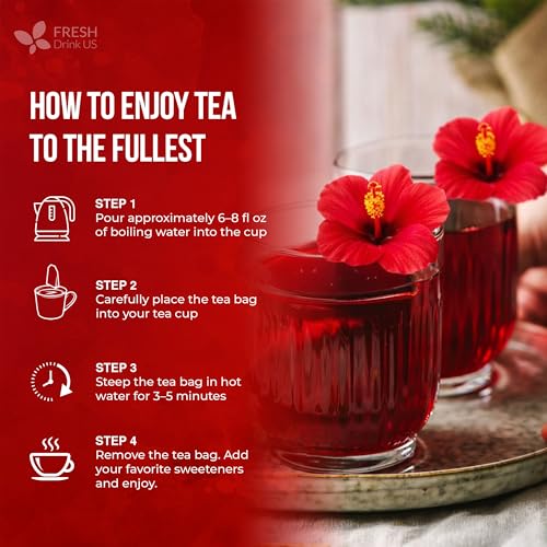 Image of FreshDrinkUS, Hibiscus Bliss Tea | 75 Tea Bags | Herbal Tea Blend with Hibiscus Flower, Rooibos, Blackberry Leaves, Lemongrass & Lemon Balm - Naturally Caffeine-Free, Vibrant & Refreshing Tea. Vegan