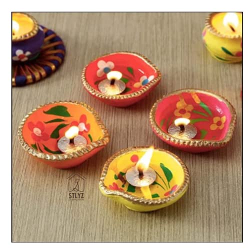 Image of Colourful Handmade Diyas for Diwali Hand Painted Decorative Clay Mitti Diya Deepak Lanterns for Diwali Decoration (HandpaintedPlainDiya 31)
