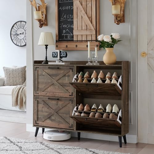 Shoe Storage Cabinet,Farmhouse Shoe Organizer with 2 Flip Drawers & Barn Door Design,Freestanding Hidden Slim Narrow Shoe Rack Cabinet for Entryway,Foyer,Hallway,Antique White Antique White