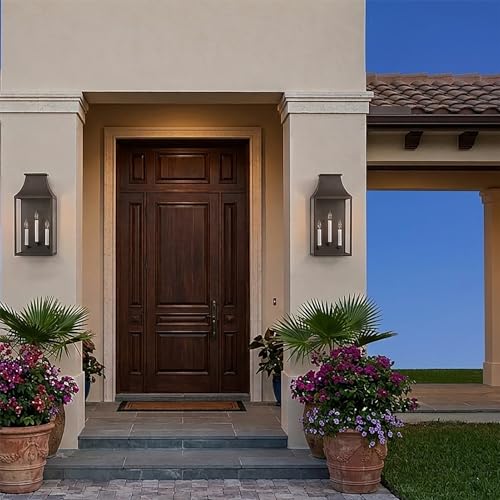 Image of 21 inch Large Classic Outdoor Wall Lantern Light For House Exterior,Handcrafted Old Rust Metal Cage Mounted Pocket Wall Sconce W /Clear Tempered Glass,Waterproof for Porch, Patio, Garage&Front Door E12