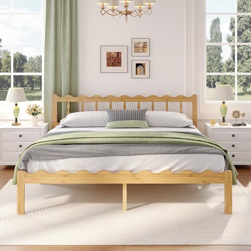 Image of ZIYOO 14inch King Bed Frame with Wavy Headboard and Footboard, No Box Spring Needed Easy Assembly Platform Bed with Metal Slats, Modern Wood Foundation