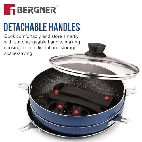 Image of Bergner Sherry Plus 5-Layer Non-Stick Coating 6 Pcs Cookware Set with Induction Bottom and Detachable Handle, 24cm /2.5L Kadai with Lid, 24cm /1.6L Frypan, 25cm Dosa Tawa, 2 Nylon Spatulas (Navy Blue)