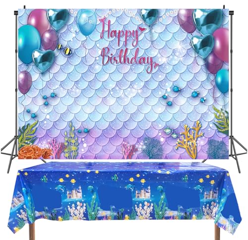 Fondo de Sirena bajo el mar y Mantel para Fiesta de cumpleaños de Sirena Fondo de fotografía...