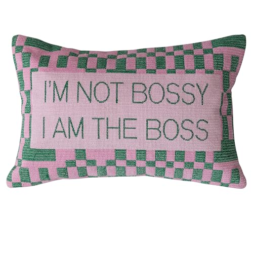 Creative Co-Op Cotton Velvet Embroidered Lumbar Pillow with Check Pattern Im Not Bossy... Pink and Green