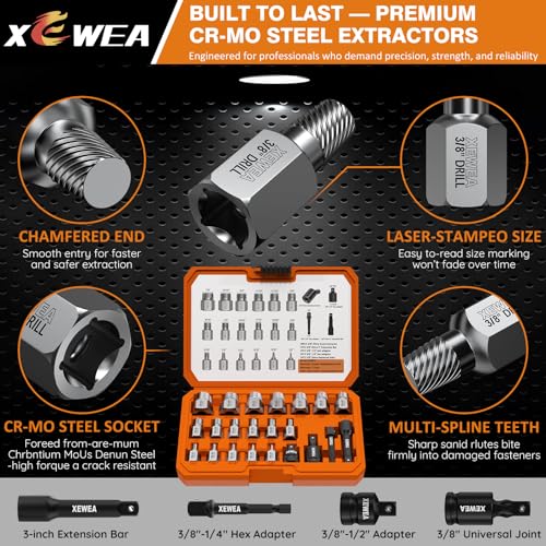 Image of XEWEA 22PCS 3 /8 inch Drive Screw Extractor Set, Bolt Remover Kit | Multi-Spline Easy Out for Stripped Broken Bolts, Nuts & Screws, Heavy-Duty CR-MO Extraction Tools with Extension & Adapter