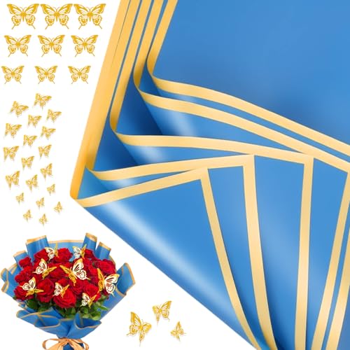 cridoz 20 Sheets Flower Bouquet Wrapping Paper with 12 Pieces Gold Butterfly Decorations for Floral Bouquet Gift Wrapping(Blue)