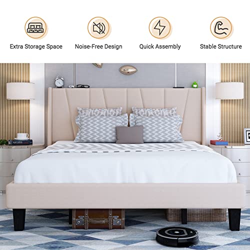 Benevika King Size Platform Bed Frame With Geometric Wingback Headboard, Wooden Slats Support, No Box Spring Needed, Easy Assembly, Gray #TOP6