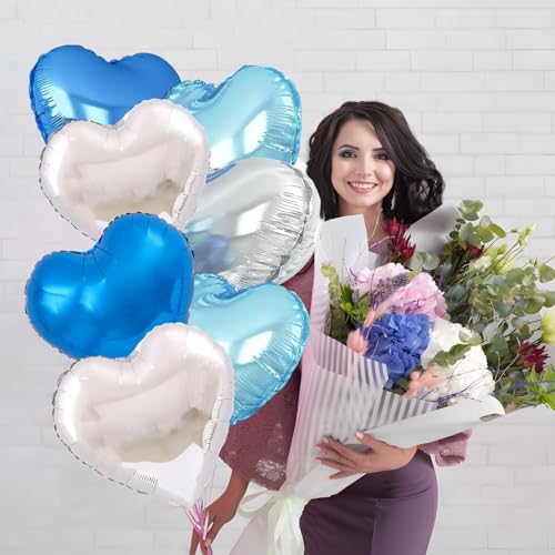 Image of Silver Heart Balloons,18inch Bright Blue Heart Shaped Foil Balloons & Blue Helium Mylar Balloon for Anniversary Wedding Engagement Birthday Party Baby Shower Decorations(12Pcs)