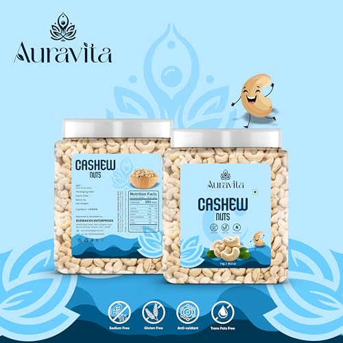 Image of Auravita Premium Whole Cashews 1kg | Natural and Unsalted Kaju Ideal for Dieting, Snacking, Cooking, and Baking | Protein Rich Kajau Dry Fruits Perfect for Gifting