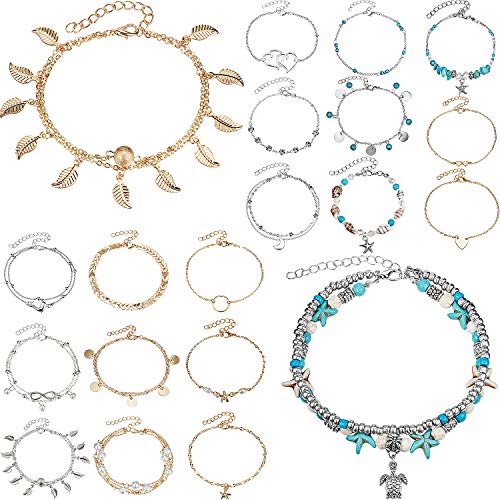 Preisvergleich Produktbild 20 Stücke Einstellbare Fußkettchen Armband Set Böhmischen Fuß Kette Doppelschichten Perlen Kette Strand Fuß Schmuck für Damen Mädchen