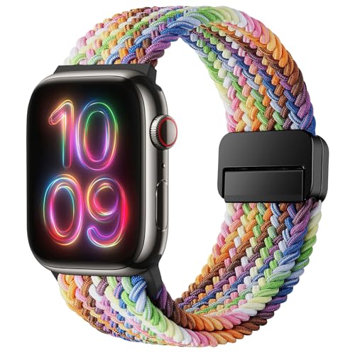 HITZEE Pasek do zegarka Apple Watch, nylonowy, elastyczny, pleciony, magnetyczne zapięcie, do modelu Apple Watch Ultra 2, Series 9, 8, 7, SE, 6, 5, 4, rozmiar 44, 45, 49 mm, tęczowy (Pride Edition)