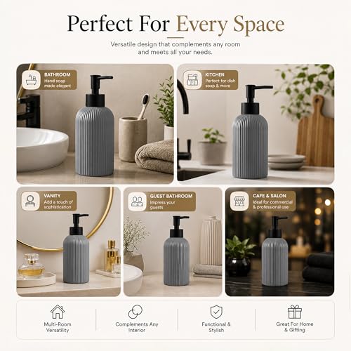 Image of Rioware Outdoor Living Ceramic Liquid Soap Dispenser, 300ml, Multipurpose Refillable for Hand Wash, Dish Wash, Shampoo, Kitchen, Bathroom, and Household Use Pack of 1- Soild Grey