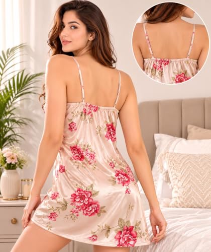 Image of Anvesha Beauty Night Dress for Women with Lace Trim | Soft V Neck Sleeveless Nighty Slip | Lightweight Comfortable Sleepwear Short Chemise Nightwear for Girls & Ladies Brown