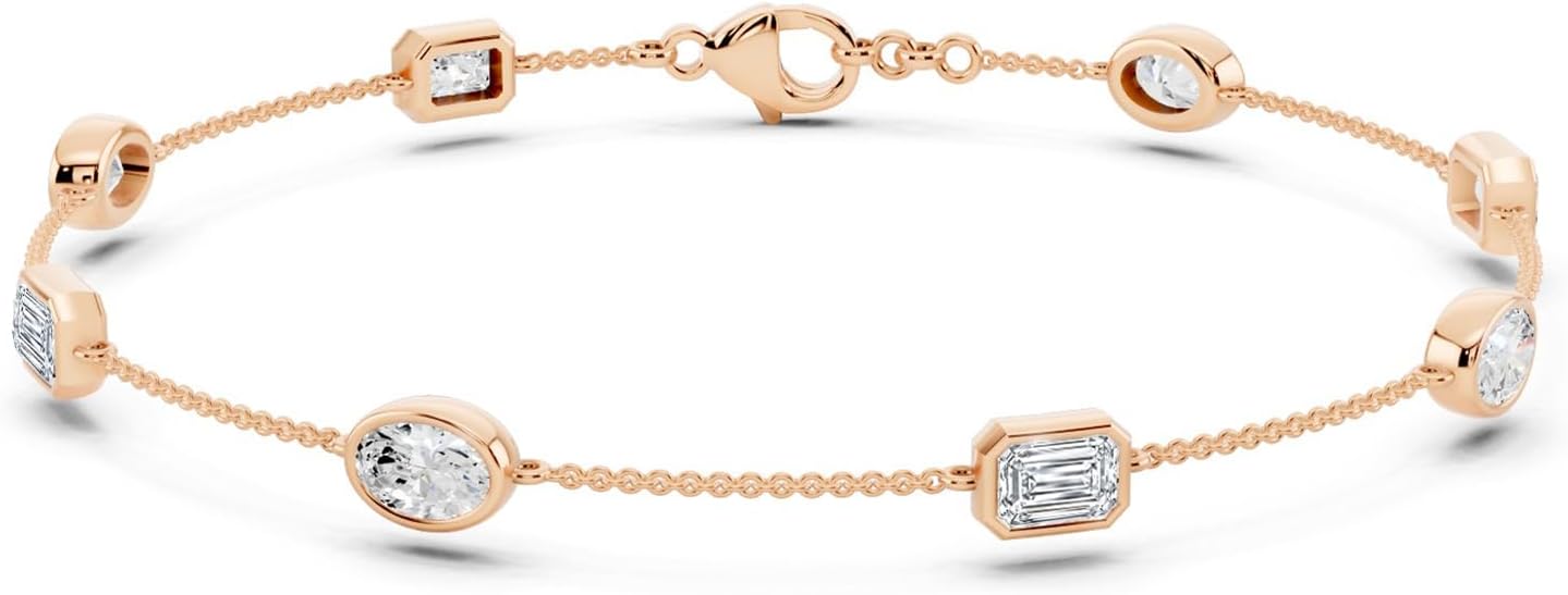 1.6 Carat Emerald & Oval Cut Bezel Set Moissanite Station Bracelet for Women in 14K Gold Plated 925 Sterling Silver D Color VVS1 Jewelry Gift for Her, Size 6.5" to 7.5"