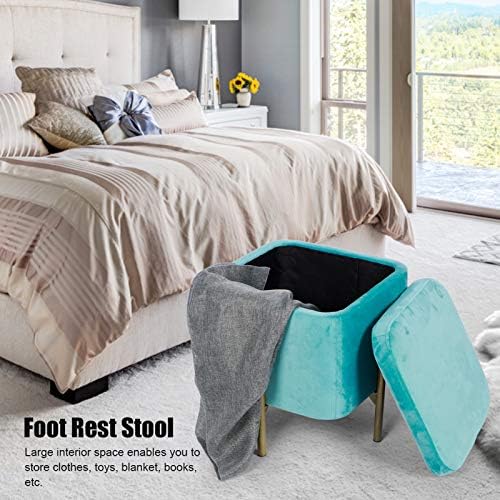 Foot Stool,Velvet Storage Footstool Storage Chest Ottoman Footstool Seat Upholstered Footrest Stool Storage Box with Removable Lid and Metal Leg for Bedroom Living Room DressingRoom,4.6x14.6in(Cyan)