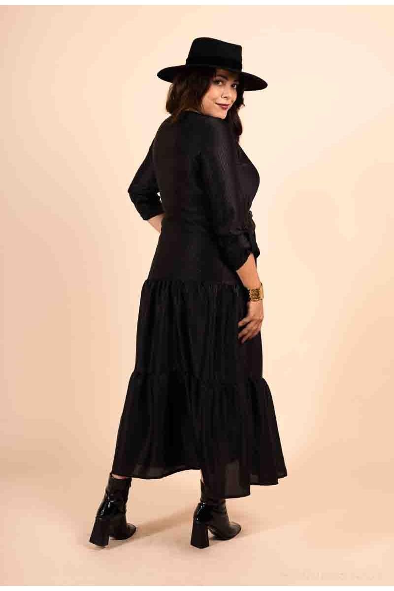MULTIPLES Robe Longue Cache-cœur satinée Fluide Noir, Grande Taille Disponible, Fabriqué en France