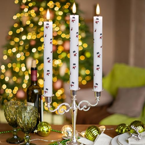 Image of Eldnacele Christmas Taper Flameless Candles with Remote and Timer, Battery Operated 3D Wick Flickering Snowman Decal Candle Real Wax LED Candles Dinner Indoor Holiday Xmas Decor(4Pcs,0.78 inchx9.6 inch