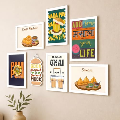 Image of PAINTINGMANTRA Indian Street Food Kitchen Framed Wall Art Painting Desi Food Illustrations & Quotes Painting with Frame for Kitchen, Bar, Restaurant, Set of 7 (1 MDF wall Hanging) 9x13 Inch